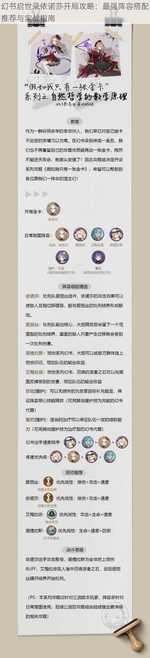 幻书启世录依诺莎开局攻略：最强阵容搭配推荐与实战指南